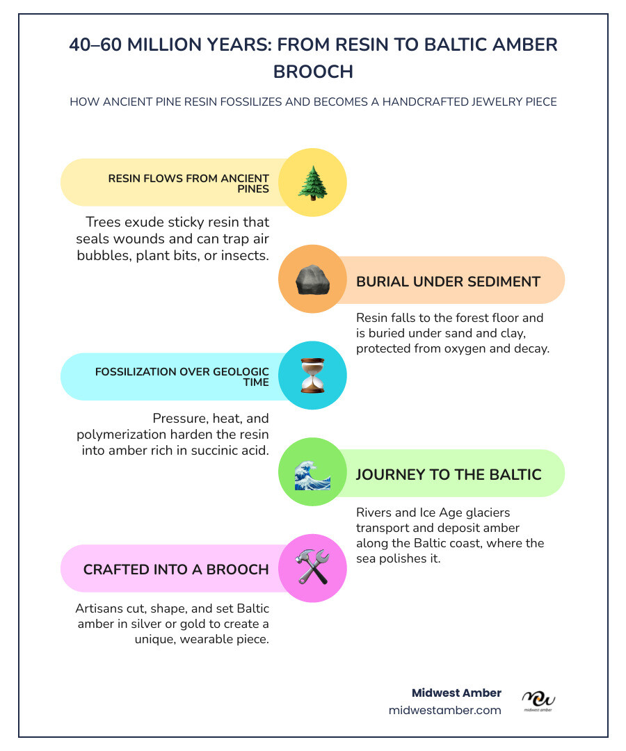 Infographic showing the 40-million-year journey from pine tree resin to Baltic amber brooch, including stages of resin formation, burial under sediment, geological processes, and final handcrafting into jewelry - amber brooch infographic infographic-line-5-steps-colors