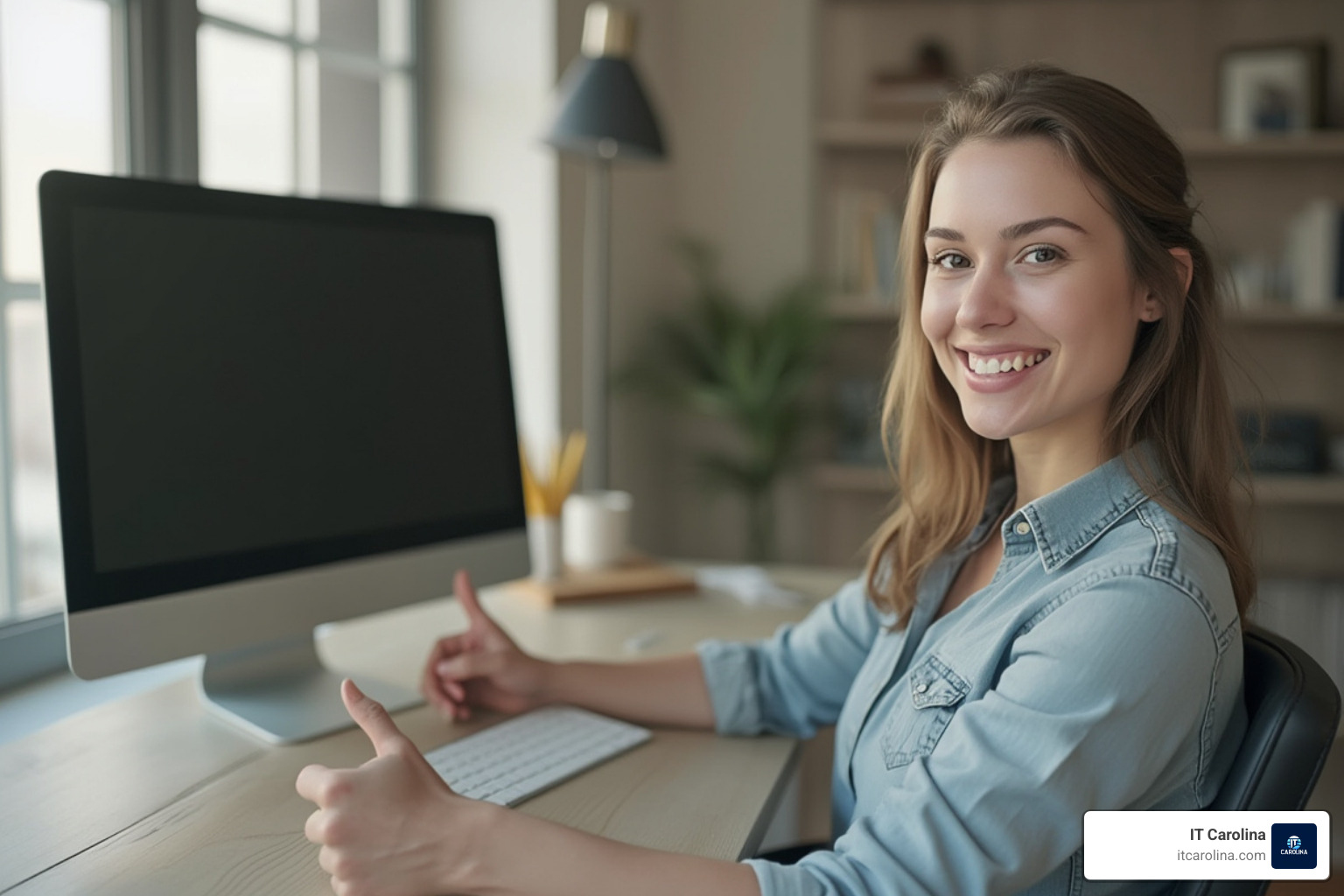 smiling user giving a thumbs up next to a healthy PC - online pc support services