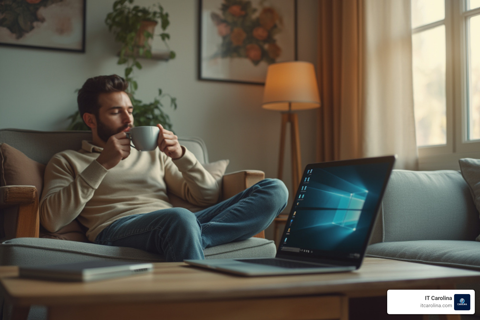 person relaxing with coffee while a technician works remotely - online pc support services