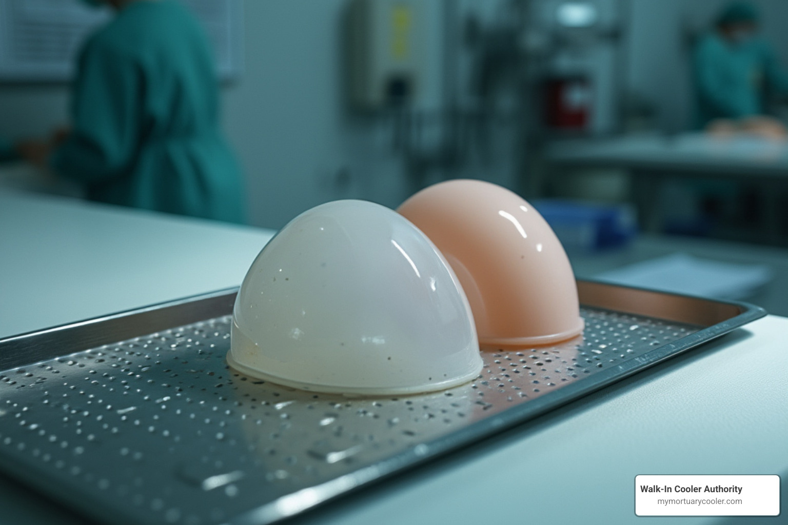 Clear vs flesh-colored caps side-by-side on tray - Embalming eye caps