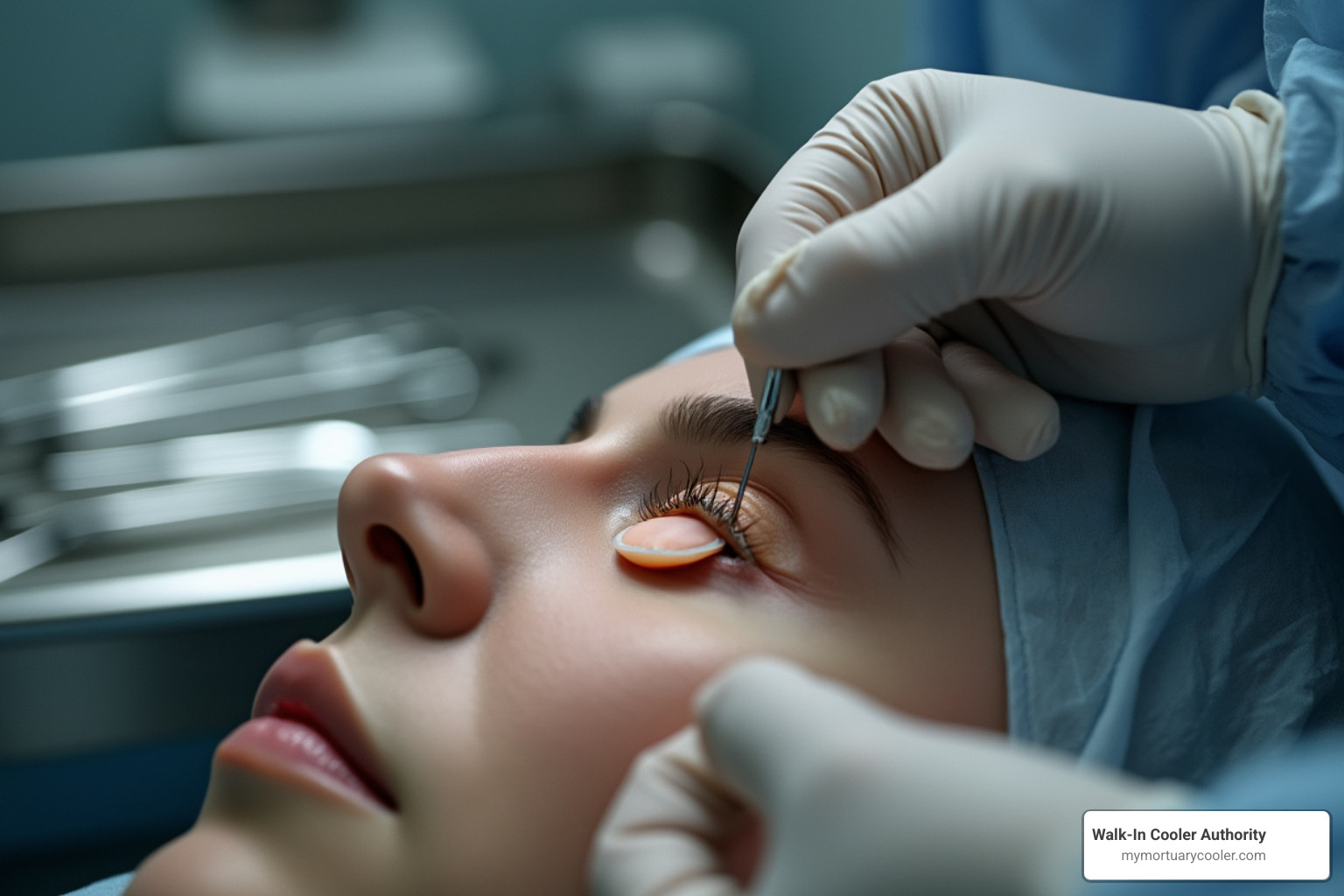 Hand placing an eye cap with an aneurysm hook; step-by-step placement - Embalming eye caps