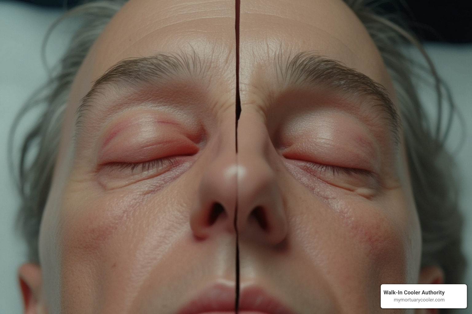 Comparison: face prepared with vs without eye caps, highlighting natural lid contour - Embalming eye caps
