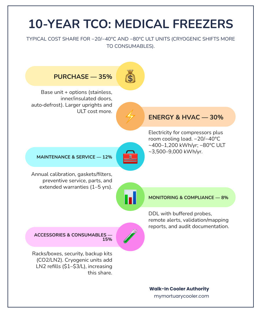 Infographic showing medical freezer total cost of ownership breakdown over 10 years, including purchase price, energy costs, maintenance, monitoring systems, accessories, and compliance requirements with percentage allocation for each category - medical freezer price infographic infographic-line-5-steps-colors
