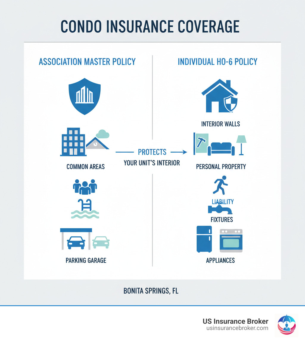 Infographic showing condo association master policy coverage (building exterior, roof, common areas, pool, parking garage) versus individual HO-6 policy coverage (interior walls, personal property, liability, fixtures, appliances) - condo insurance bonita springs fl infographic 