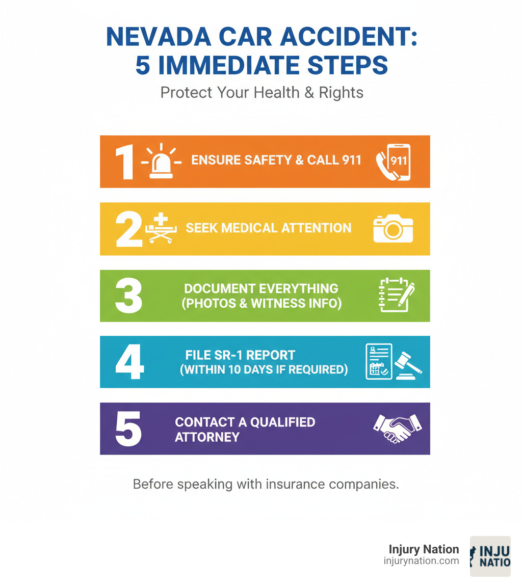 Infographic showing the 5 immediate steps to take after a car accident in Nevada: 1) Ensure safety and call 911, 2) Seek medical attention immediately, 3) Document everything with photos and witness info, 4) File SR-1 report within 10 days if required, 5) Contact a qualified car accident attorney before speaking with insurance companies - how to hire car accident lawyer in las vegas infographic 