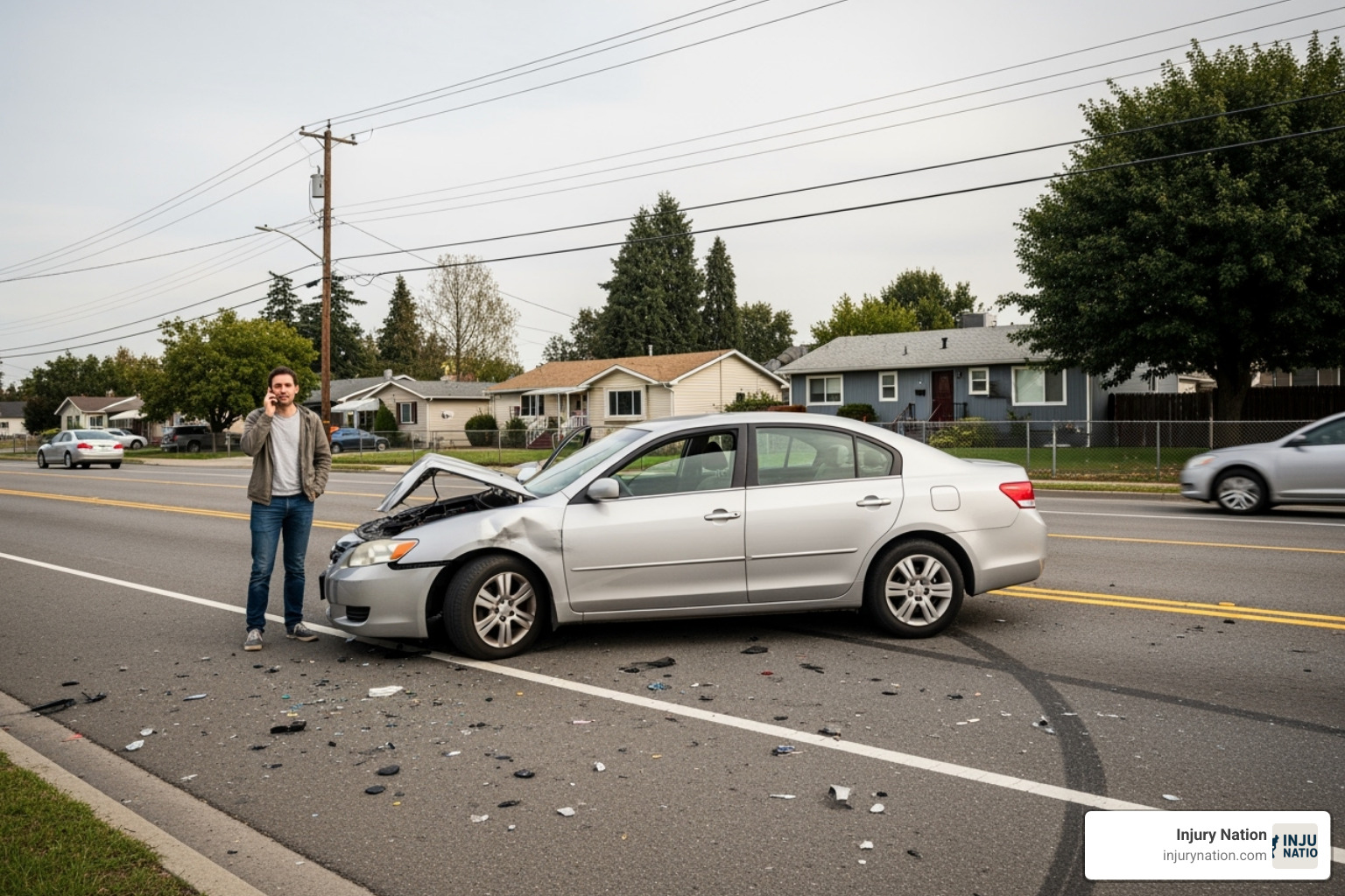 Person on the phone at the side of the road after a minor car accident - how to hire car accident lawyer in las vegas