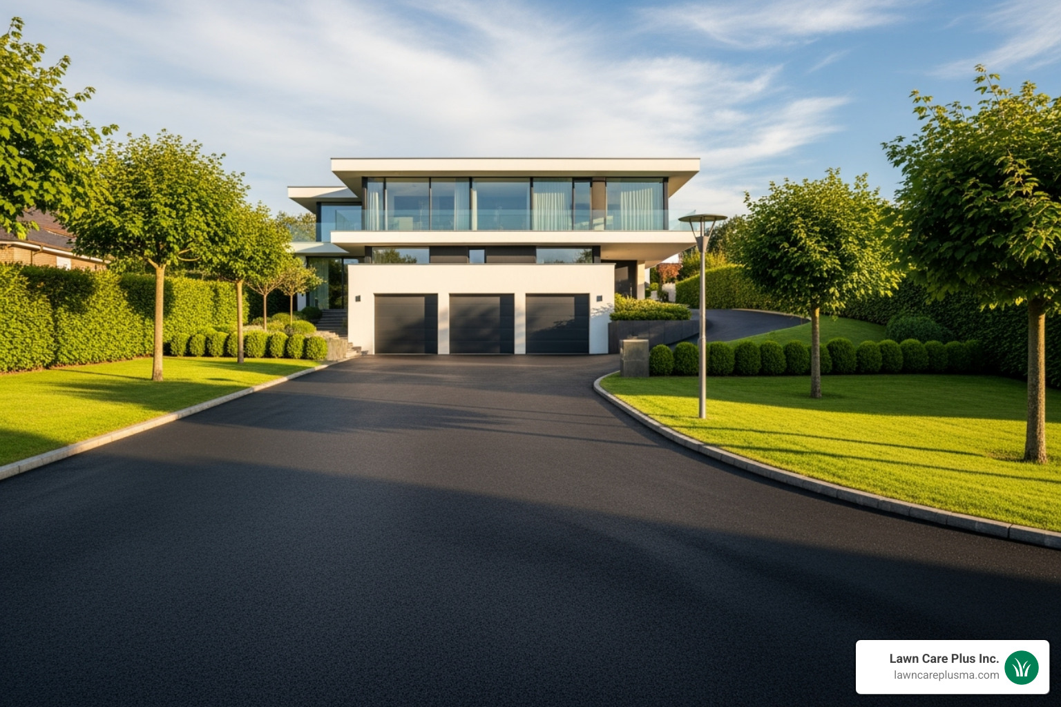 A newly paved, smooth black asphalt driveway leading up to a modern home, showcasing its sleek appearance. - driveway paving cost
