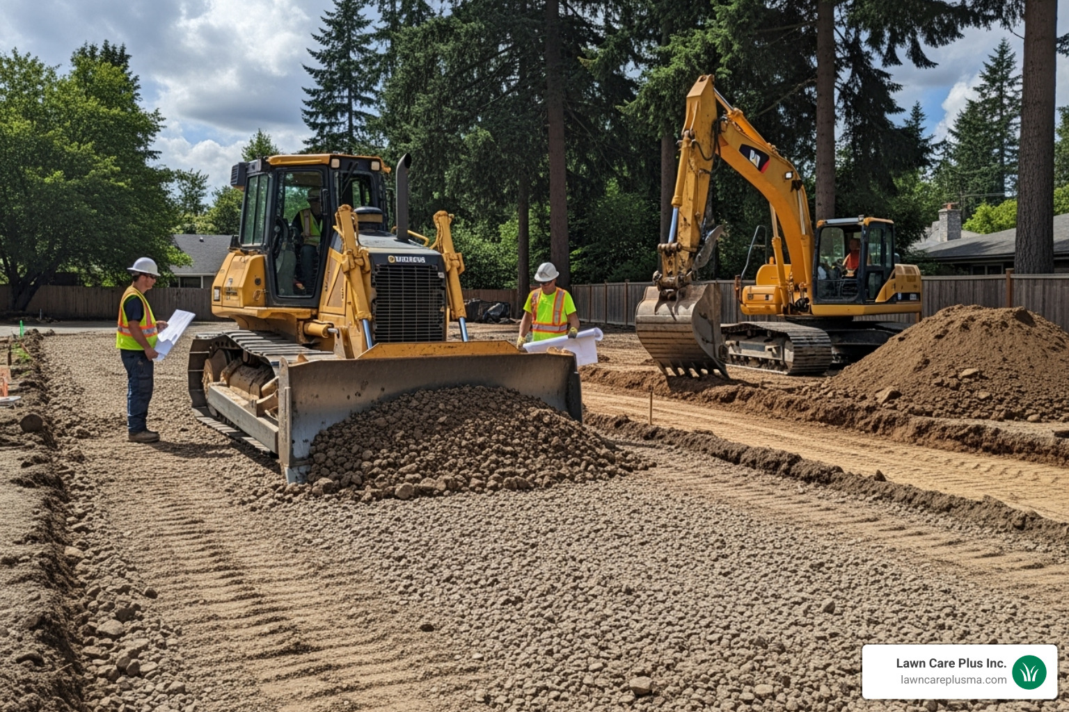 A construction crew operating heavy machinery to level and prepare the ground for a new driveway installation, showcasing the excavation and grading process. - driveway paving cost
