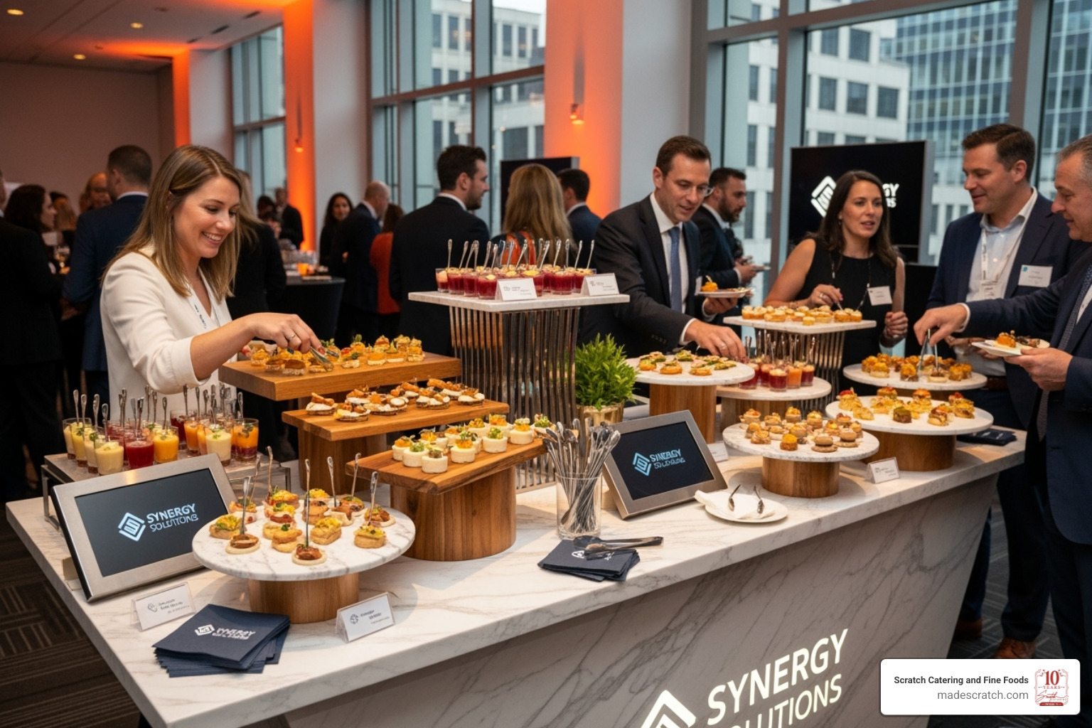 Branded food station at a corporate product launch with company logos and modern decor - corporate events catering companies Branded food station at a corporate product launch with company logos and modern decor - corporate events catering companies