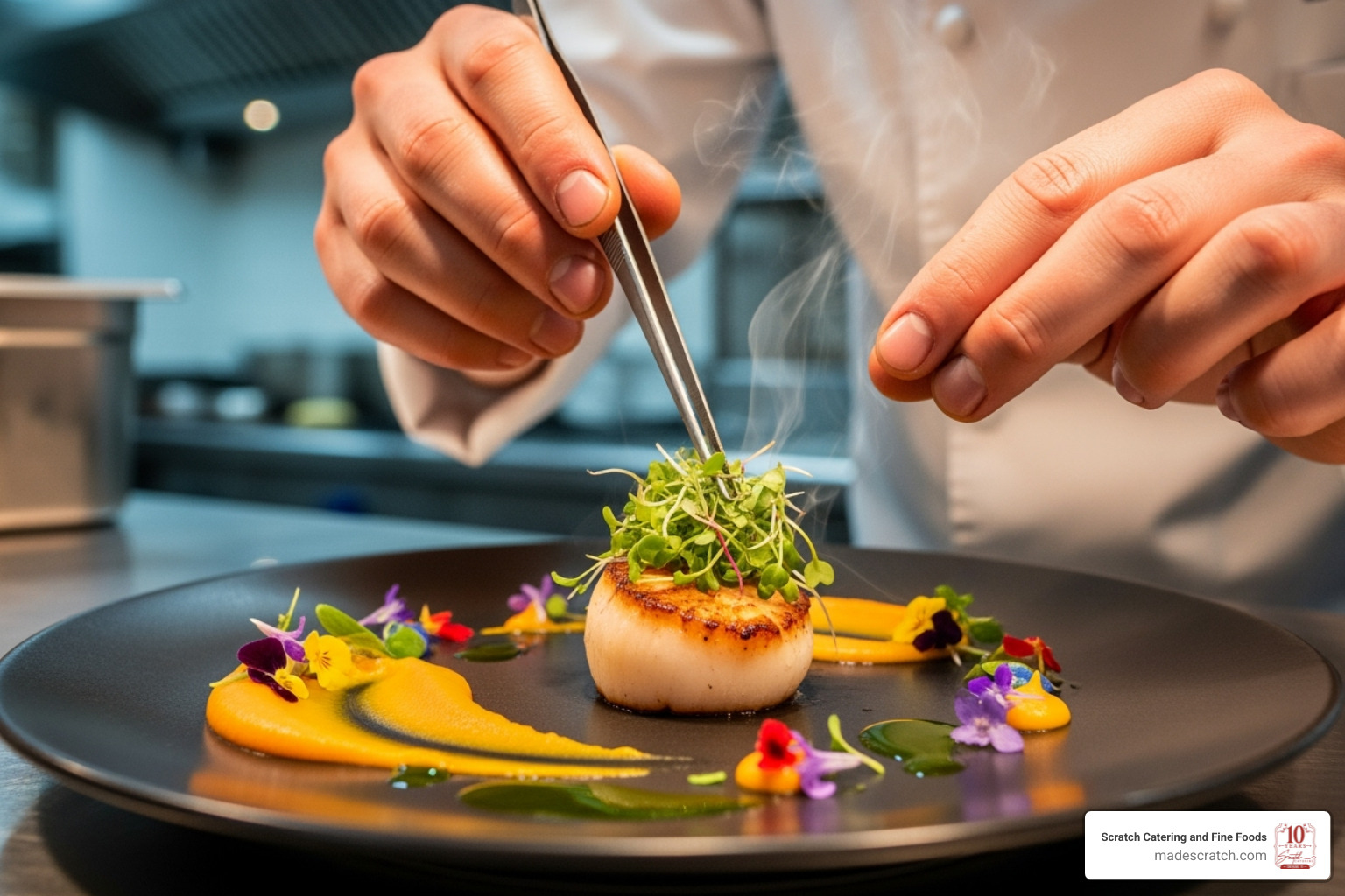 A chef carefully plating a gourmet dish in a professional kitchen setting - corporate events catering companies A chef carefully plating a gourmet dish in a professional kitchen setting - corporate events catering companies