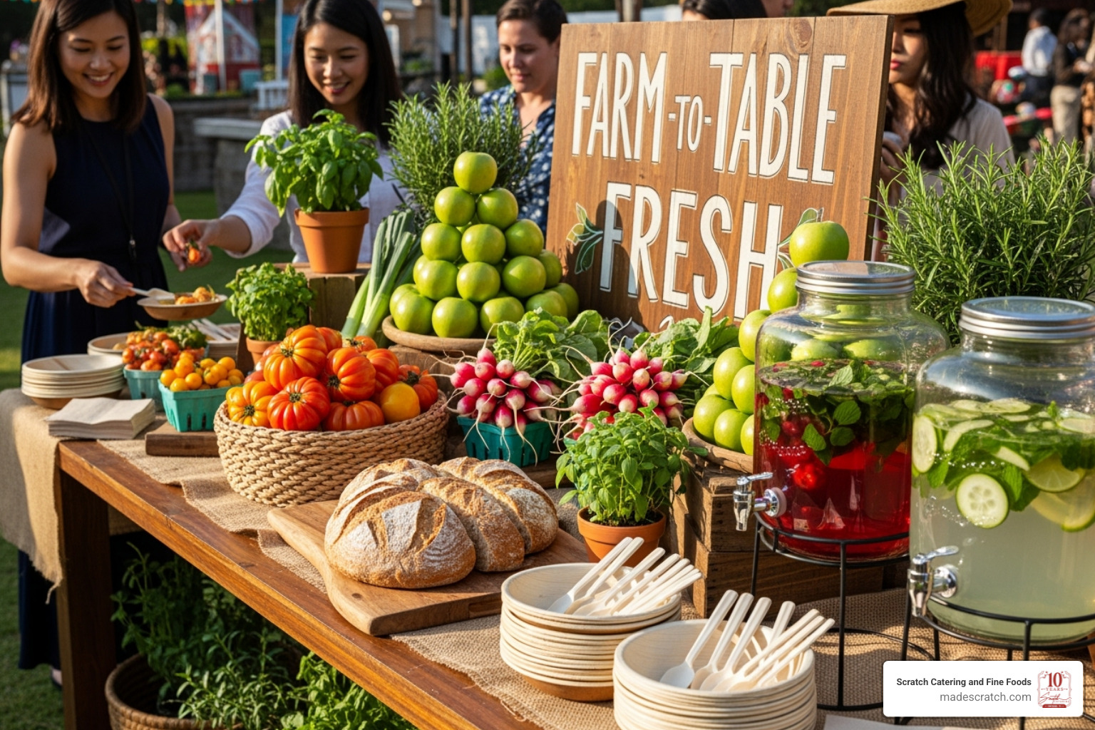 Sustainable food station at an event, featuring locally sourced produce and eco-friendly serving dishes - corporate events catering companies Sustainable food station at an event, featuring locally sourced produce and eco-friendly serving dishes - corporate events catering companies