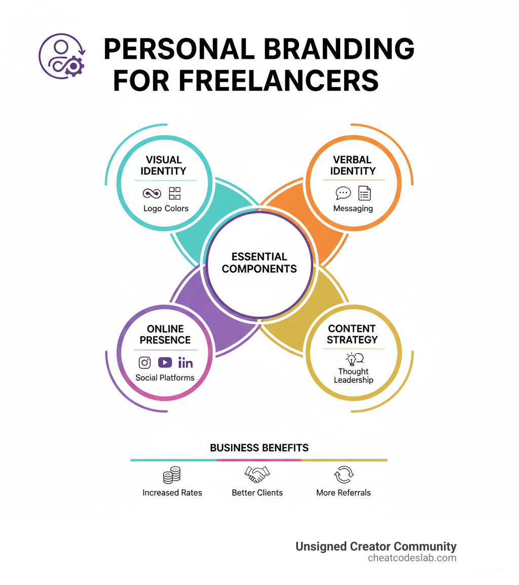 Infographic showing the essential components of personal branding for freelancers including visual identity elements like logo and colors, verbal identity elements like voice and messaging, online presence across social platforms, content strategy for thought leadership, and the business benefits of increased rates, better clients, and more referrals - Personal branding for freelancers infographic 