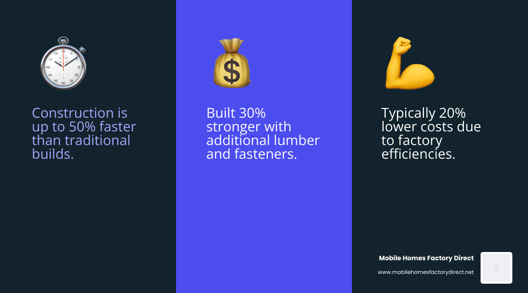 Comprehensive comparison infographic showing modular housing benefits: 50% faster construction timeline, 20% lower costs, 30% stronger build quality with extra lumber, same building codes as traditional homes, permanent foundations with basement options, real estate classification with normal appreciation, and eco-friendly factory construction with reduced waste - modular housing infographic 3_facts_emoji_blue Comprehensive comparison infographic showing modular housing benefits: 50% faster construction timeline, 20% lower costs, 30% stronger build quality with extra lumber, same building codes as traditional homes, permanent foundations with basement options, real estate classification with normal appreciation, and eco-friendly factory construction with reduced waste - modular housing infographic 3_facts_emoji_blue
