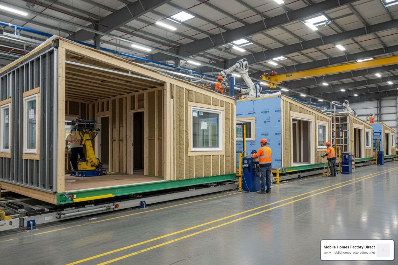 clean, indoor factory with modular home sections on an assembly line - modular housing clean, indoor factory with modular home sections on an assembly line - modular housing
