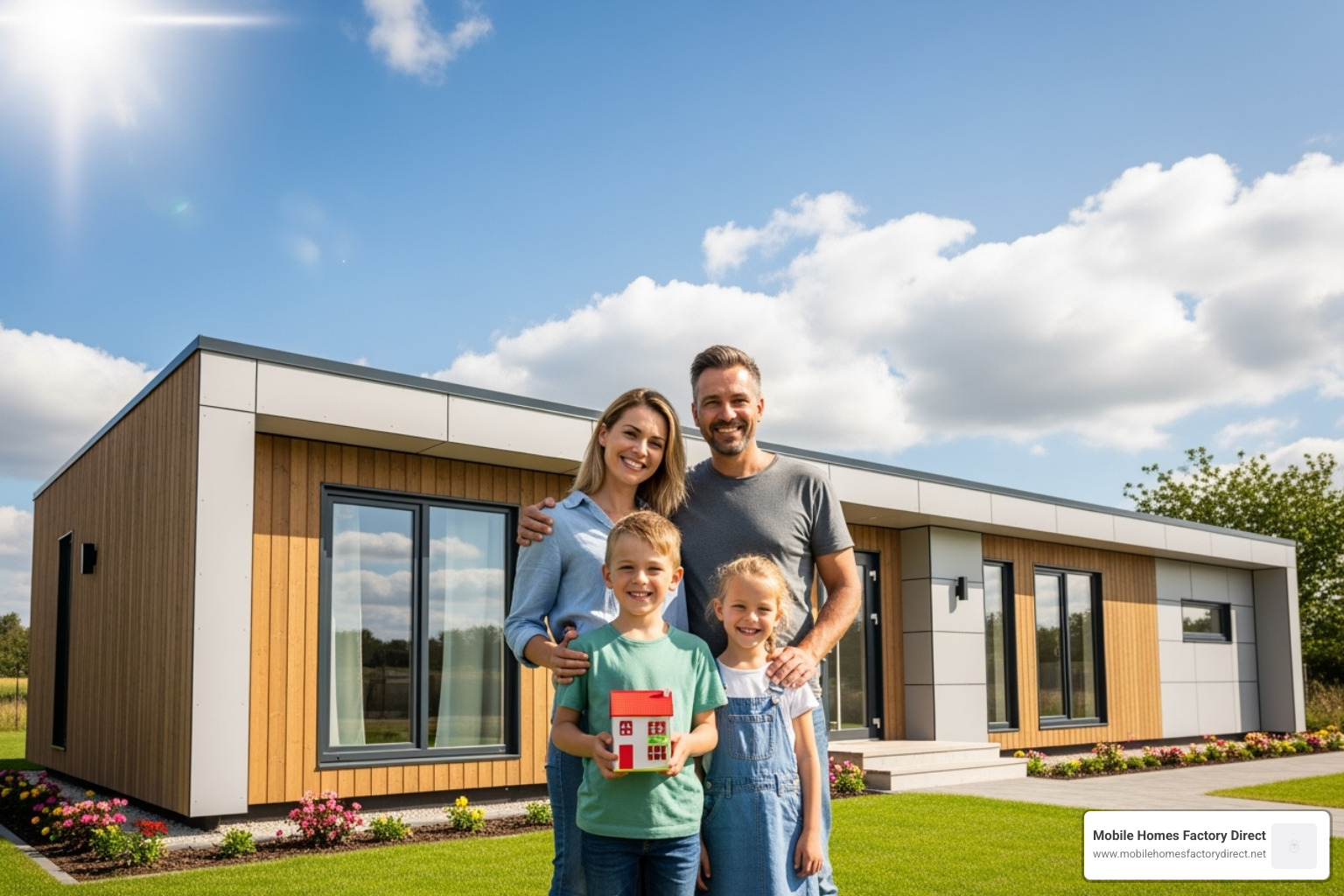 family happily standing in front of their new modular home - modular housing family happily standing in front of their new modular home - modular housing