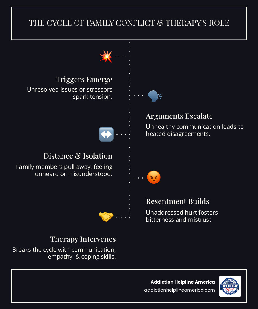 Infographic showing the cycle of family conflict: triggers lead to arguments, arguments create distance, distance breeds resentment, resentment causes more triggers, with family therapy interrupting this cycle at multiple points through improved communication, understanding, and new coping strategies - Family therapy Pasadena infographic infographic-line-5-steps-dark Infographic showing the cycle of family conflict: triggers lead to arguments, arguments create distance, distance breeds resentment, resentment causes more triggers, with family therapy interrupting this cycle at multiple points through improved communication, understanding, and new coping strategies - Family therapy Pasadena infographic infographic-line-5-steps-dark