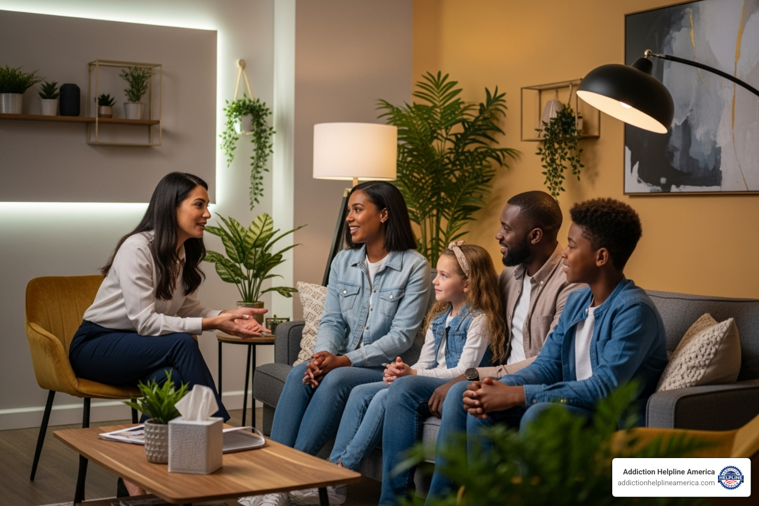 Compassionate therapist talking with a family in a comfortable office setting - Family therapy Pasadena Compassionate therapist talking with a family in a comfortable office setting - Family therapy Pasadena