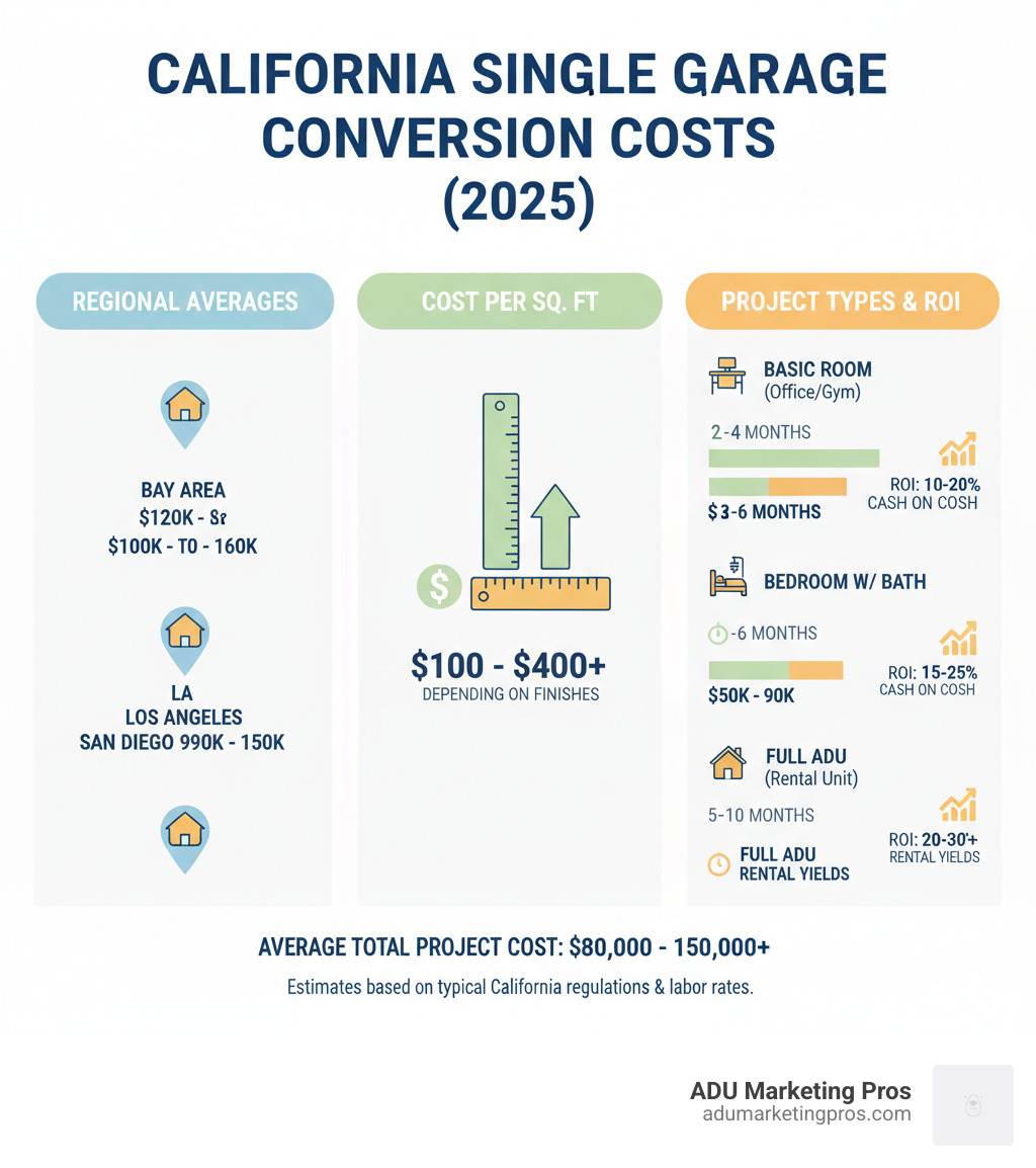 Detailed infographic showing single garage conversion cost breakdown in California, including average costs by region (Bay Area: $120k-$180k, LA: $100k-$160k, San Diego: $90k-$150k), cost per square foot ranges ($100-$400+), and comparison of project types from basic room conversion to full ADU with timeline and ROI projections - how much does a single garage conversion cost infographic Detailed infographic showing single garage conversion cost breakdown in California, including average costs by region (Bay Area: $120k-$180k, LA: $100k-$160k, San Diego: $90k-$150k), cost per square foot ranges ($100-$400+), and comparison of project types from basic room conversion to full ADU with timeline and ROI projections - how much does a single garage conversion cost infographic