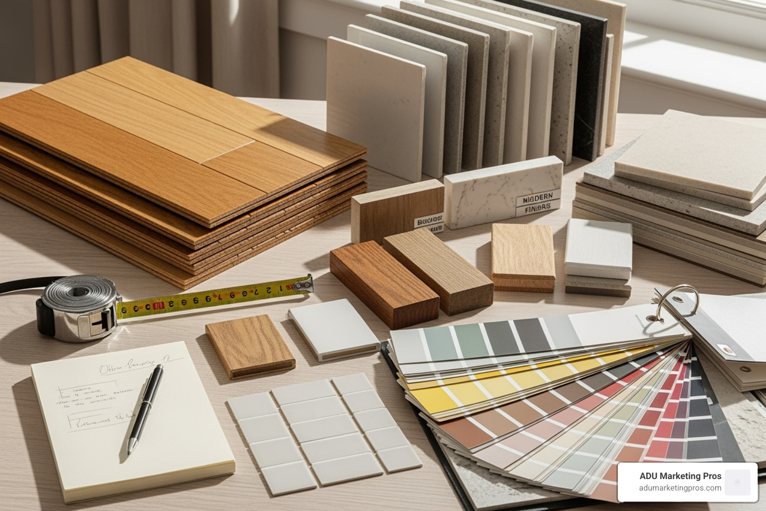 A tabletop display of material samples: hardwood flooring, tile, paint swatches, and cabinet finishes, arranged with a tape measure and notepad. - how much does a single garage conversion cost A tabletop display of material samples: hardwood flooring, tile, paint swatches, and cabinet finishes, arranged with a tape measure and notepad. - how much does a single garage conversion cost