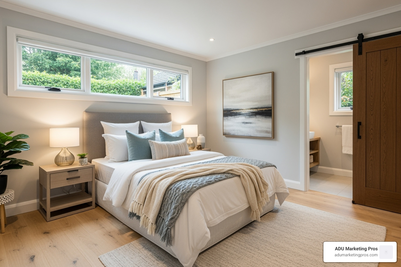 A cozy single-garage-turned-guest-bedroom with a small ensuite bathroom, featuring modern finishes, a large window, and stylish decor. - how much does a single garage conversion cost A cozy single-garage-turned-guest-bedroom with a small ensuite bathroom, featuring modern finishes, a large window, and stylish decor. - how much does a single garage conversion cost