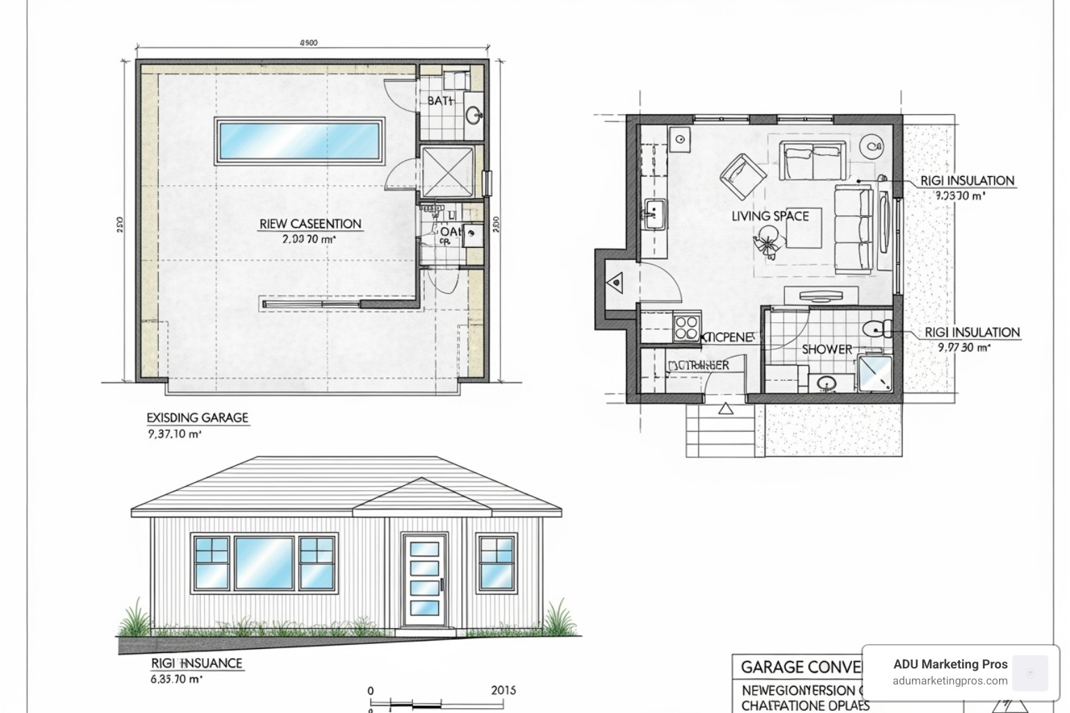 A detailed architectural drawing of a single garage conversion, showing floor plans and elevation views, with notes on new windows, insulation, and living space layout. - how much does a single garage conversion cost A detailed architectural drawing of a single garage conversion, showing floor plans and elevation views, with notes on new windows, insulation, and living space layout. - how much does a single garage conversion cost