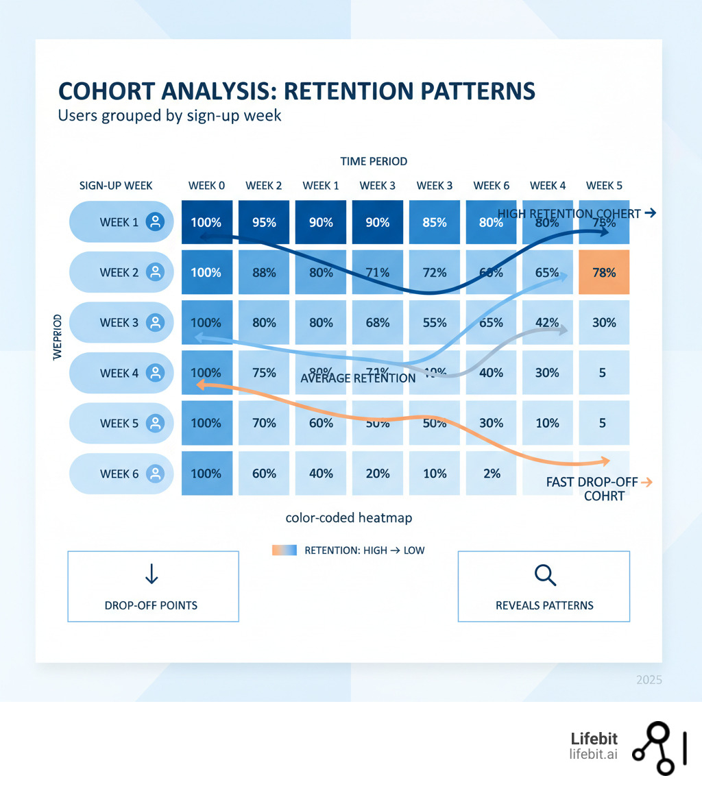 Infographic showing how cohort analysis works: users grouped by sign-up week are tracked across multiple time periods, revealing retention patterns and drop-off points through color-coded heatmaps and trend lines - cohort analysis platform infographic 