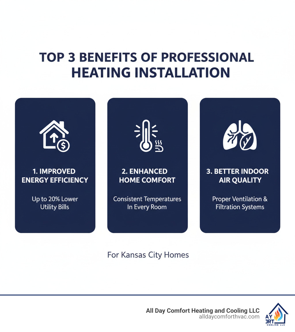 Infographic showing the top 3 benefits of professional heating installation: improved energy efficiency with up to 20% lower utility bills, improved home comfort with consistent temperatures in every room, and better indoor air quality through proper ventilation and filtration systems - hvac heating installation kansas city mo infographic  Infographic showing the top 3 benefits of professional heating installation: improved energy efficiency with up to 20% lower utility bills, improved home comfort with consistent temperatures in every room, and better indoor air quality through proper ventilation and filtration systems - hvac heating installation kansas city mo infographic