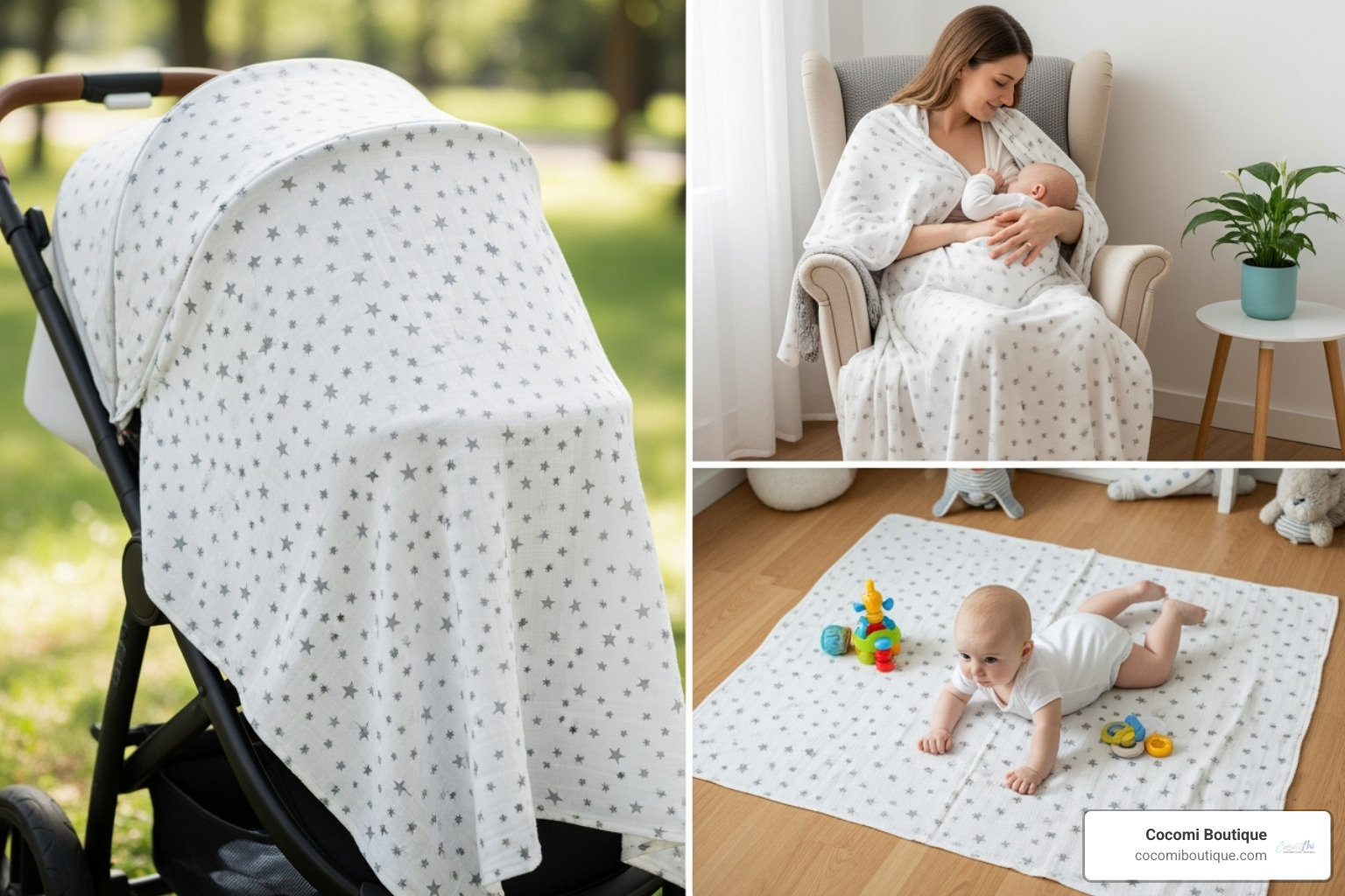 collage showing a muslin blanket used as a stroller cover, a nursing cover, and a tummy time play mat - organic muslin blanket