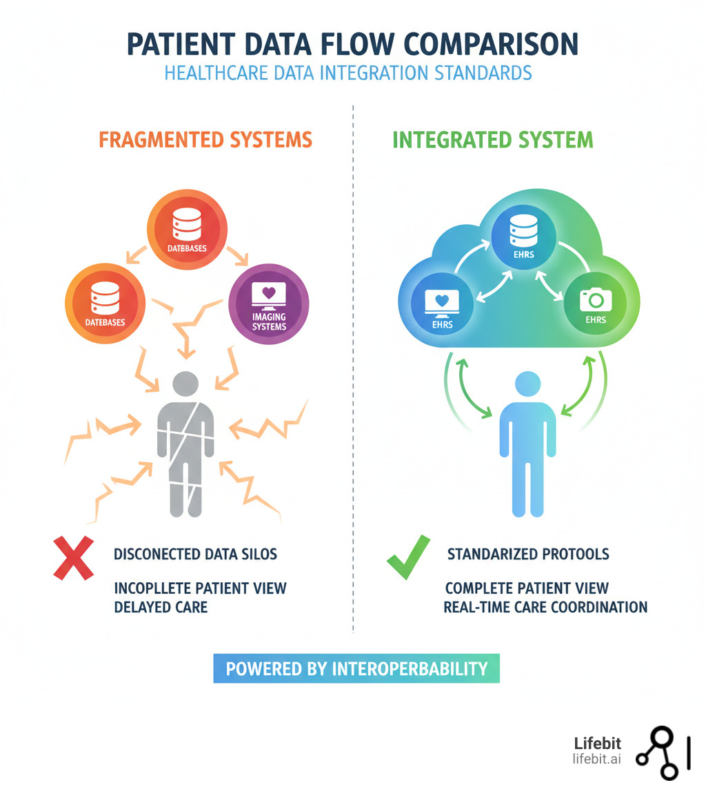Infographic showing patient data flow comparison between fragmented healthcare systems with multiple disconnected databases, EHRs, and imaging systems versus an integrated interoperable system where all data sources connect seamlessly through standardized protocols, enabling complete patient views and real-time care coordination - healthcare data integration standards infographic 