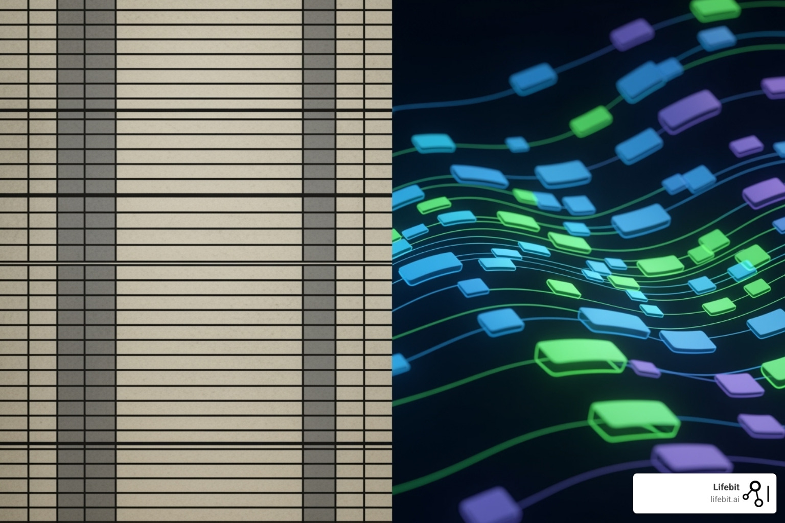 Illustration showing the difference between a rigid HL7v2 message and a flexible FHIR API resource, with HL7v2 depicted as a structured, segmented text file and FHIR as interconnected, easily accessible data blocks - healthcare data integration standards