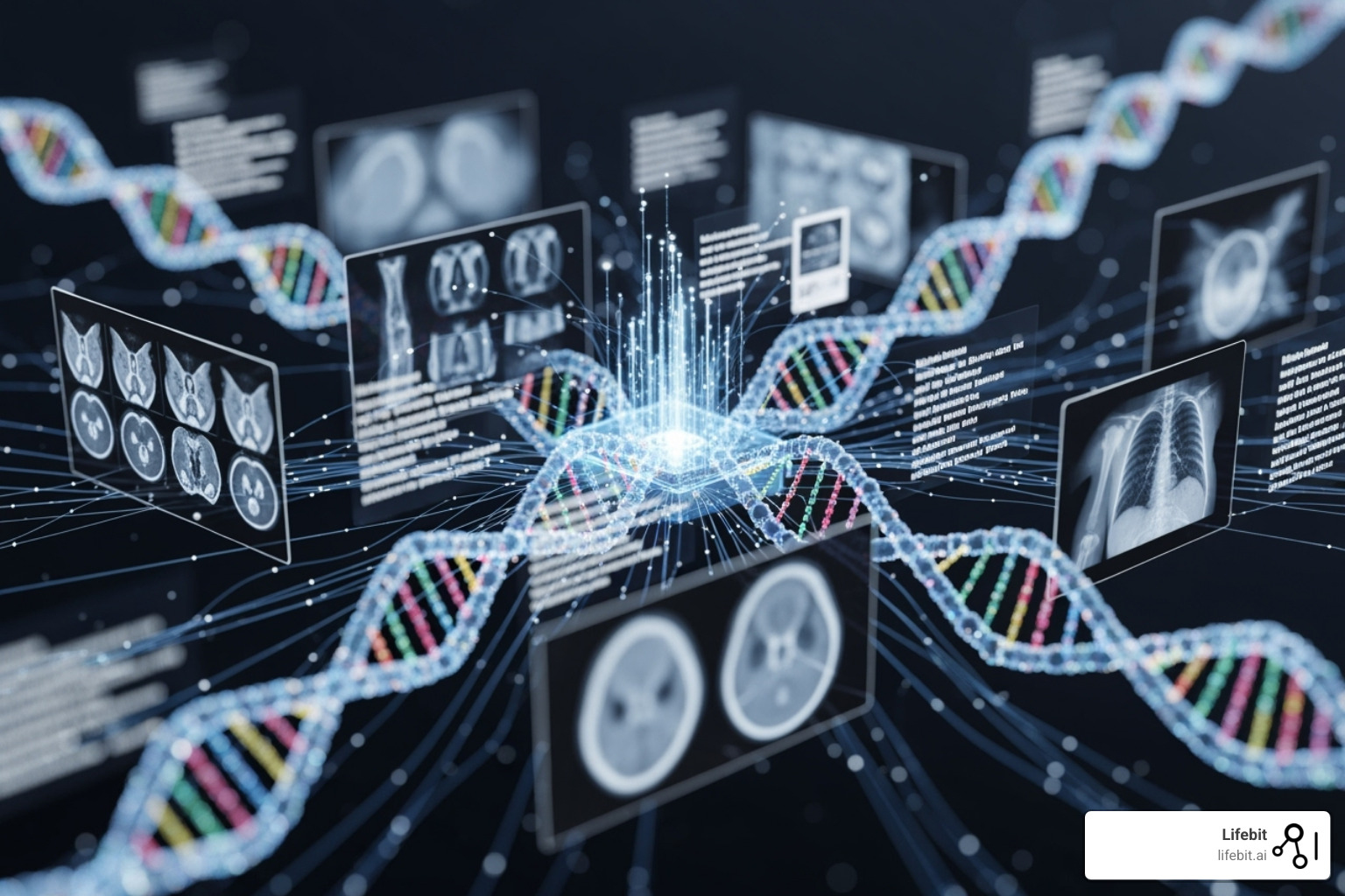 AI model analyzing diverse, standardized health data points, including genomic sequences, medical images, and clinical notes, to identify patterns and predict health outcomes - healthcare data integration standards