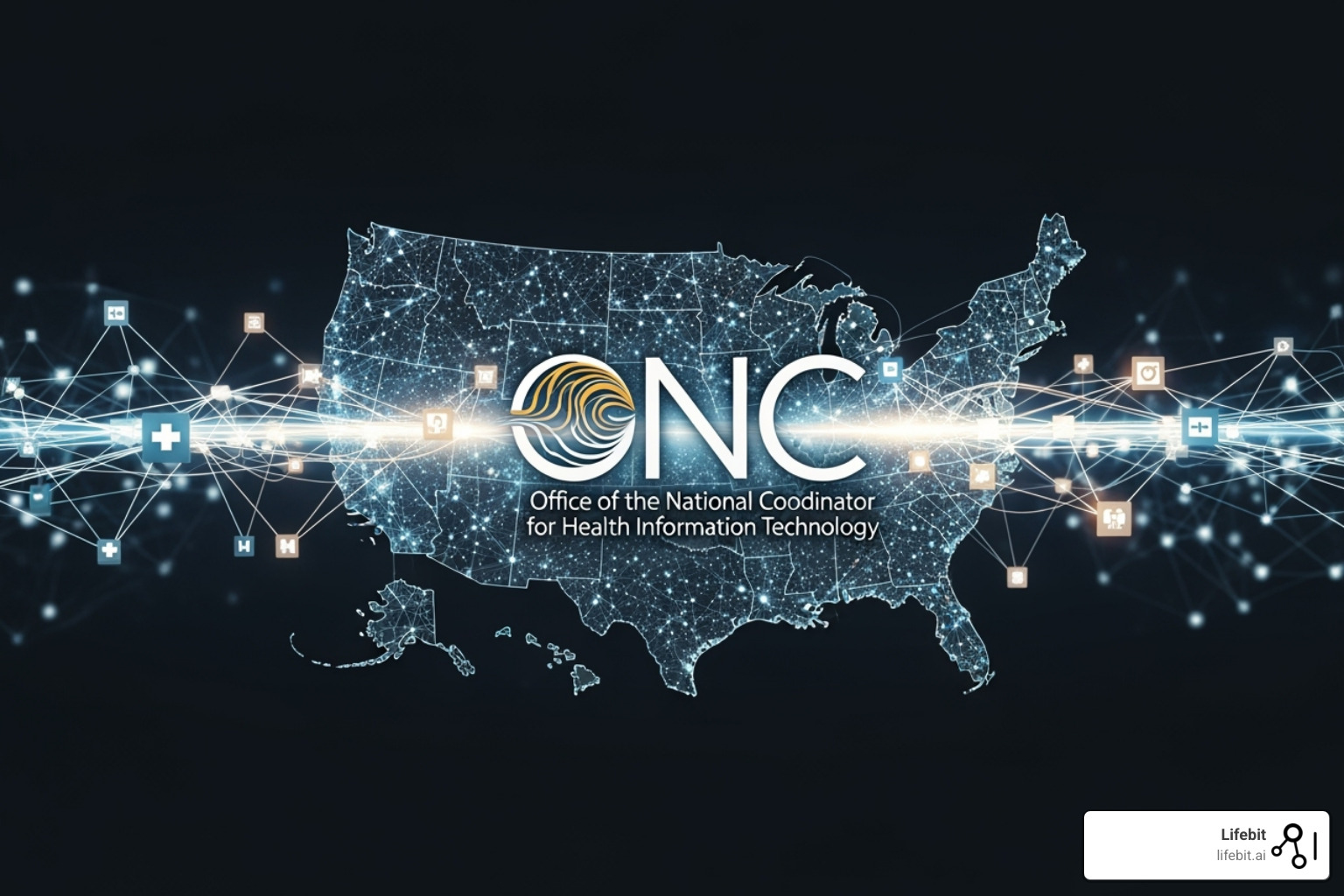 ONC logo and an abstract representation of nationwide health information exchange, with data flowing freely between different healthcare entities - healthcare data integration standards