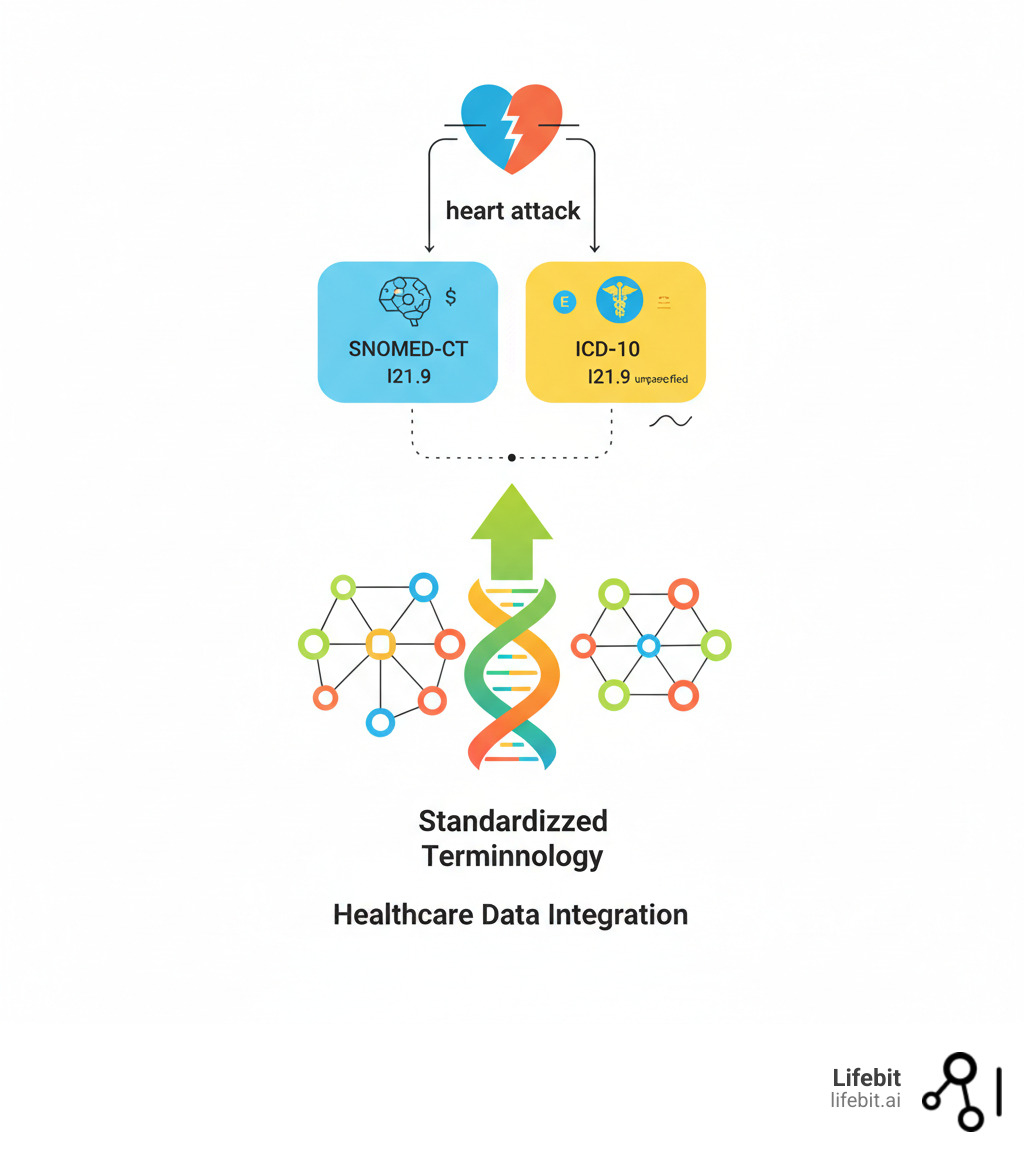 Infographic showing how a single diagnosis like "Heart Attack" is represented by different codes in SNOMED-CT (I21.9 Acute myocardial infarction) and ICD-10 (I21.9 Acute myocardial infarction, unspecified), illustrating the need for standardized terminology - healthcare data integration standards infographic 