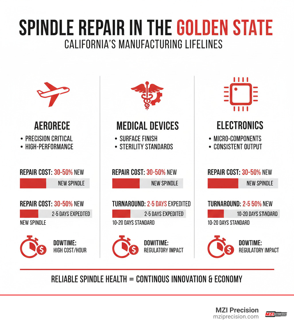 INFOGRAPHIC SHOWING CALIFORNIA MANUFACTURING INDUSTRIES AND THEIR SPINDLE REPAIR REQUIREMENTS, INCLUDING AEROSPACE, MEDICAL DEVICES, AND ELECTRONICS SECTORS WITH TYPICAL REPAIR COSTS, TURNAROUND TIMES, AND DOWNTIME COSTS COMPARISON - SPINDLE REPAIR SERVICES CALIFORNIA INFOGRAPHIC 