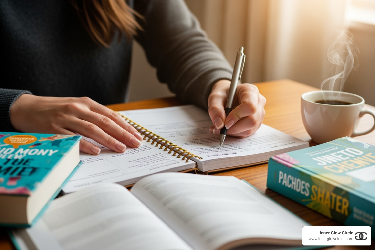 of a woman's hands writing an action plan in a planner, surrounded by inspiring books - women empowerment coach book