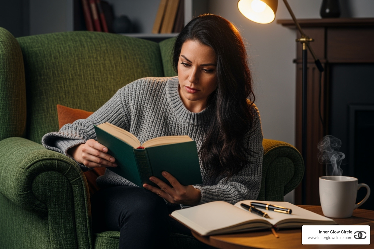 of a woman sitting in a comfortable chair, thoughtfully reading a book with a journal nearby - women empowerment coach book