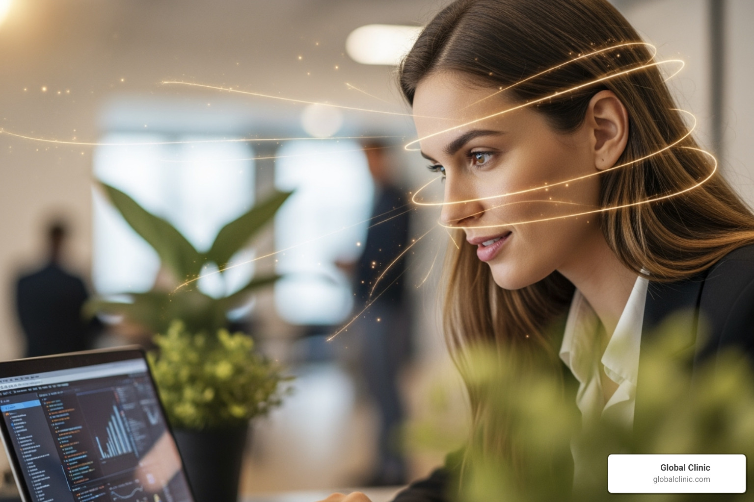 A vibrant and focused person working on a laptop, surrounded by subtle glowing energy lines - nad injections before and after