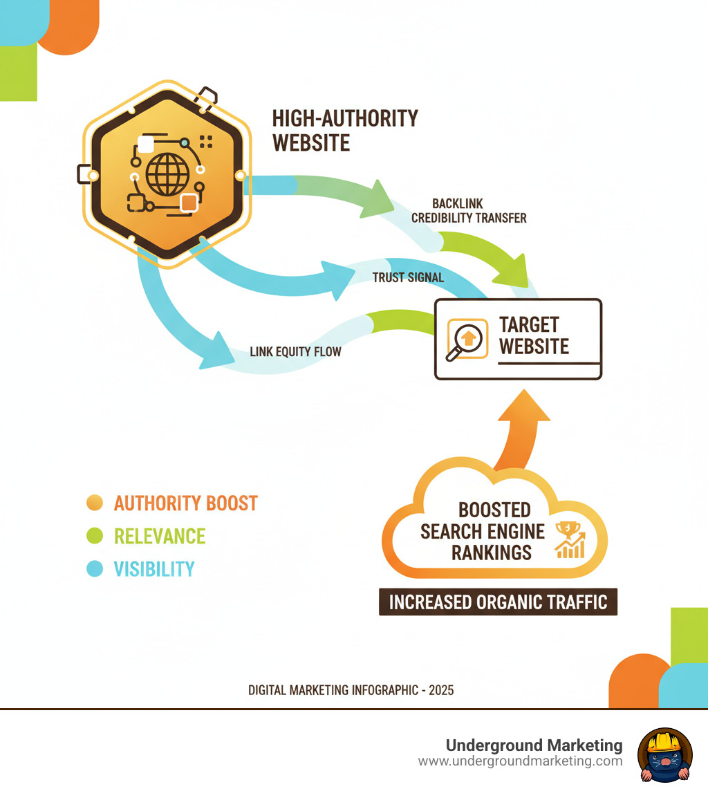 Infographic showing the flow of link authority from a high-authority website to a target website, demonstrating how backlinks transfer credibility and boost search engine rankings through the transfer of link equity - backlink in digital marketing infographic 