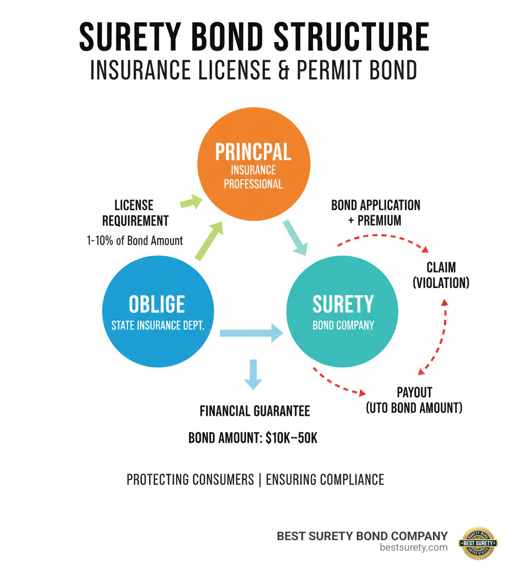 Detailed infographic showing the three-party surety bond structure: Principal (insurance professional seeking license), Obligee (state insurance department requiring the bond), and Surety (bond company providing financial guarantee). Includes arrows showing flow of obligations, premiums, and potential claims process with dollar amounts and percentages. - what is an insurance license and permit bond infographic 
