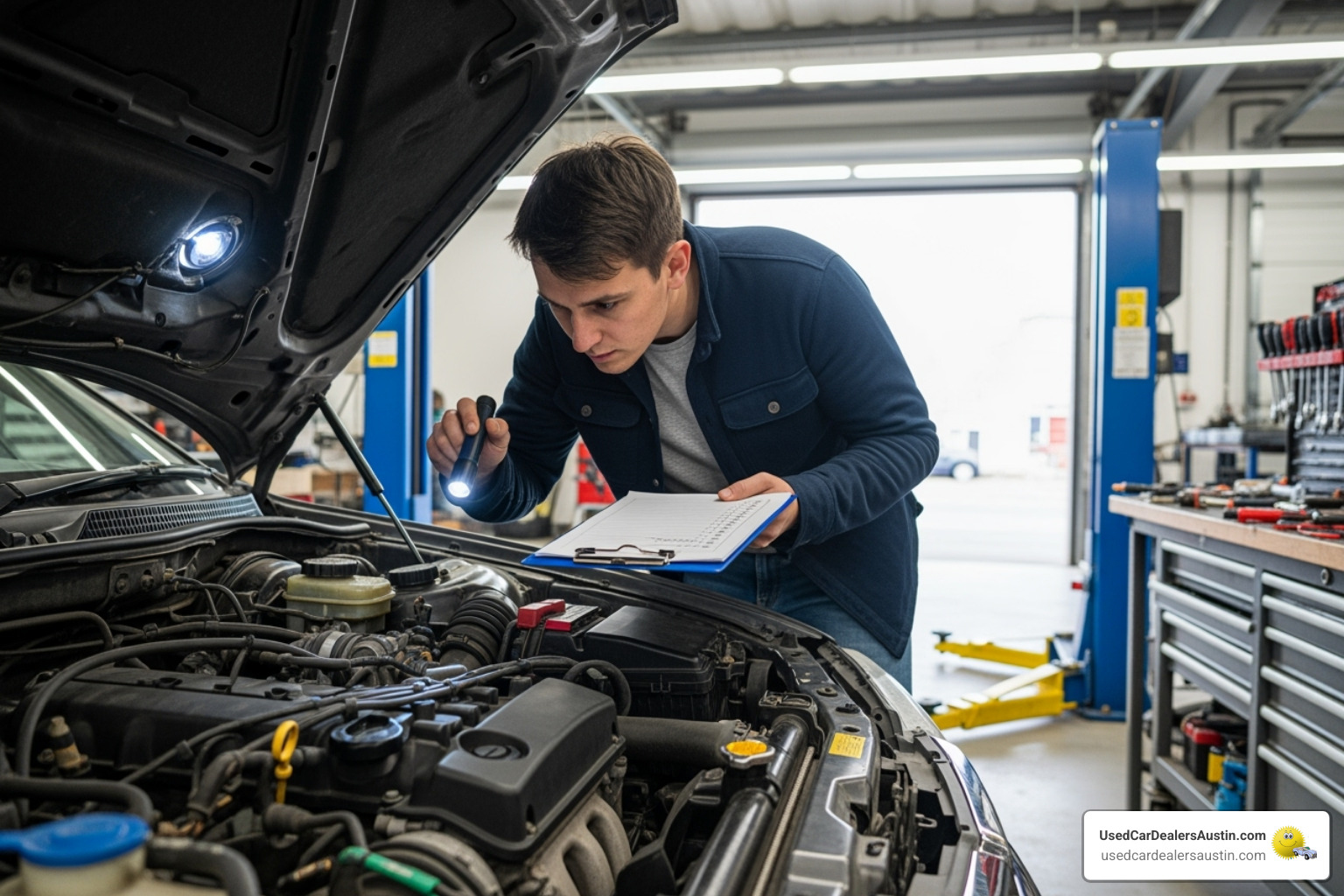 Person inspecting a used car's engine bay with a checklist - used nissan sentra for sale austin