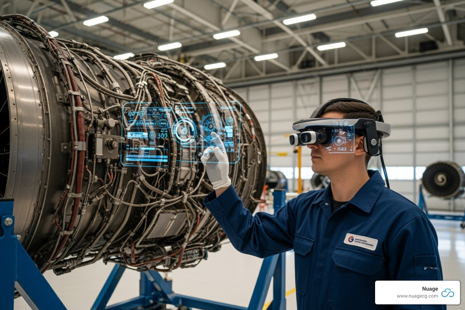 Technician using an AR headset to inspect an aircraft engine - what is advanced manufacturing Technician using an AR headset to inspect an aircraft engine - what is advanced manufacturing