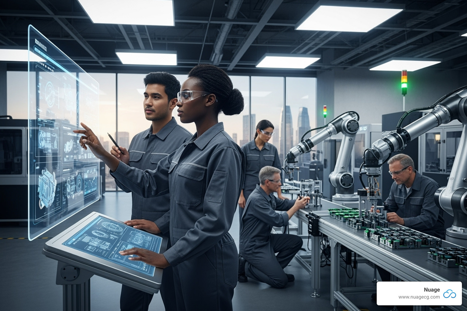 Workers collaborating in a modern factory setting, some interacting with digital interfaces, others with robotic arms - what is advanced manufacturing Workers collaborating in a modern factory setting, some interacting with digital interfaces, others with robotic arms - what is advanced manufacturing