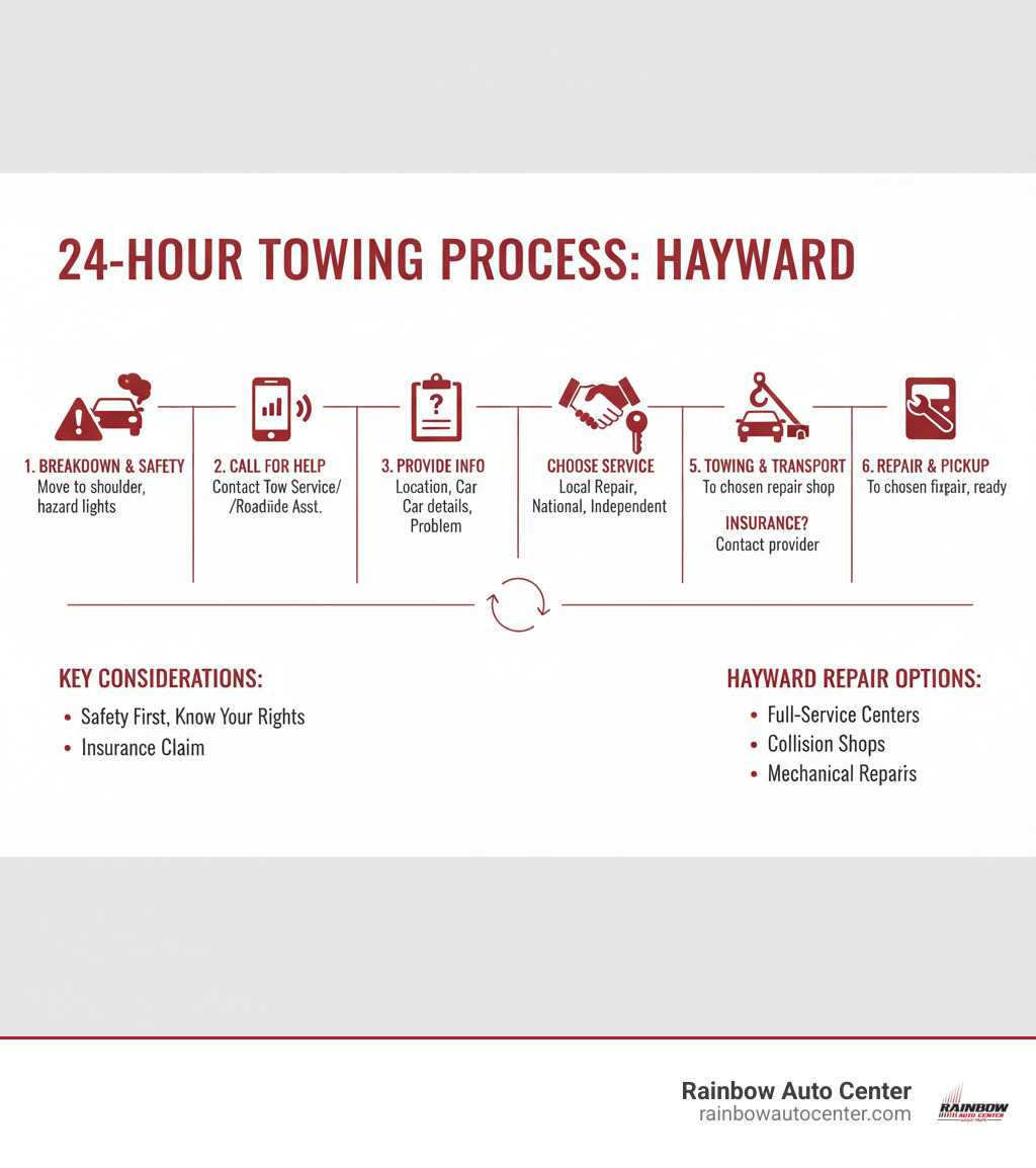 Infographic showing the complete 24-hour towing process from initial breakdown to vehicle pickup, including safety steps, choosing a towing service, insurance considerations, and repair options in Hayward - 24 hour towing infographic 