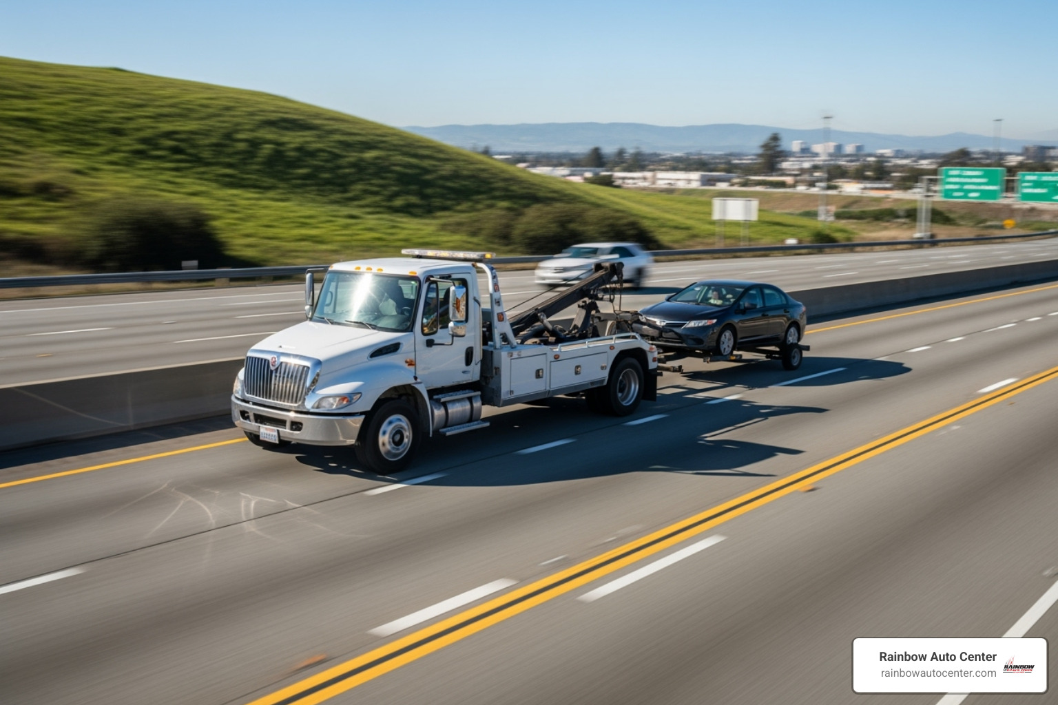 A generic tow truck pulling a sedan on a highway in Hayward - 24 hour towing