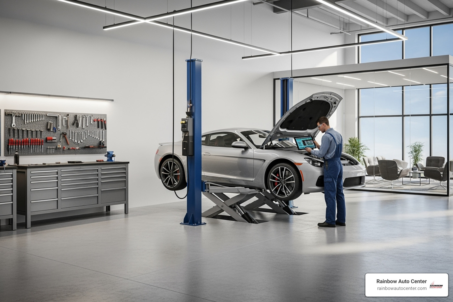 A clean, modern workshop interior at Rainbow Auto Center with a car undergoing repair - 24 hour towing