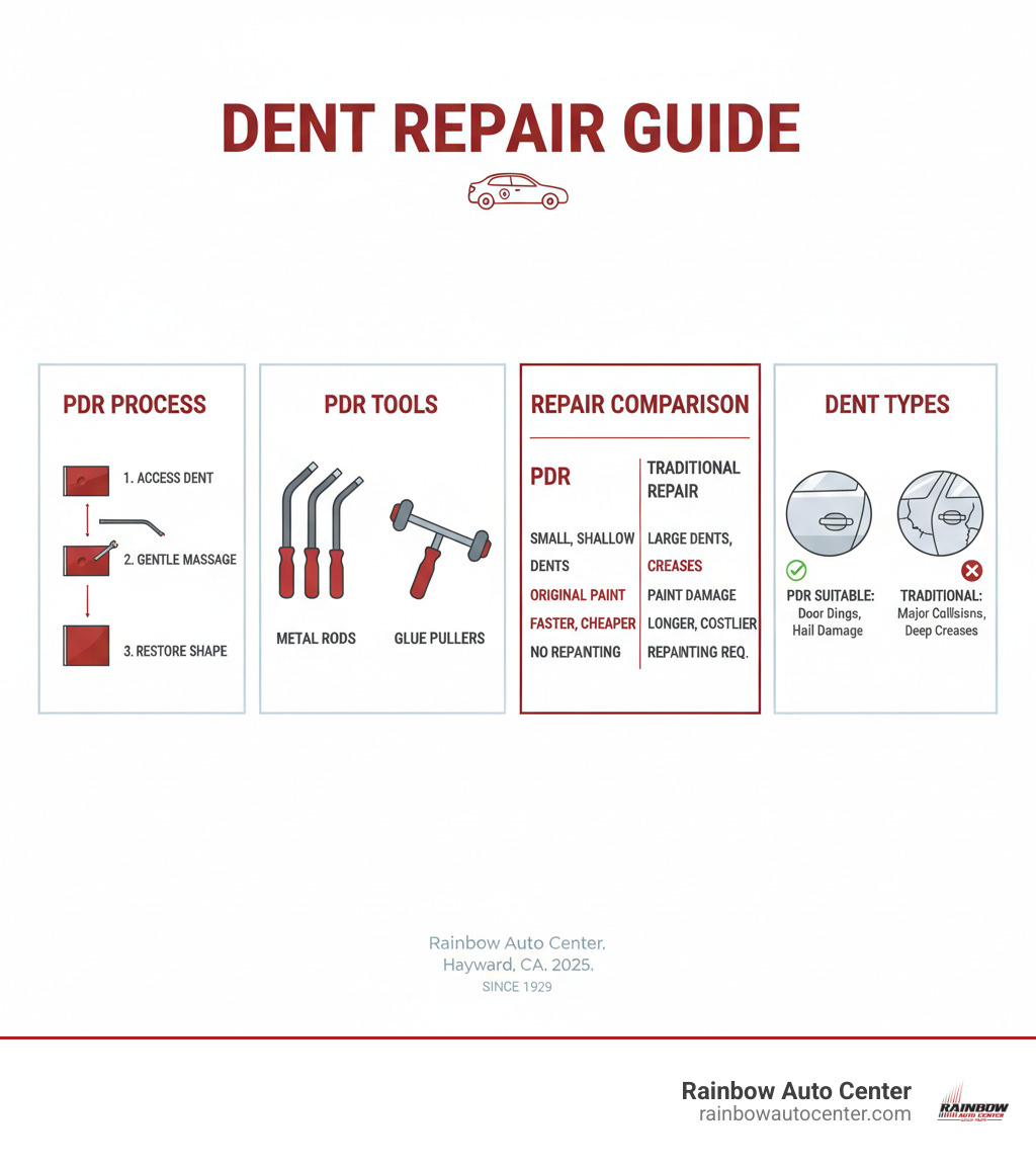 Comprehensive guide showing paintless dent repair process steps, tools used including metal rods and glue pullers, comparison chart of PDR versus traditional body repair methods, and types of dents suitable for each repair approach - dent removal infographic 