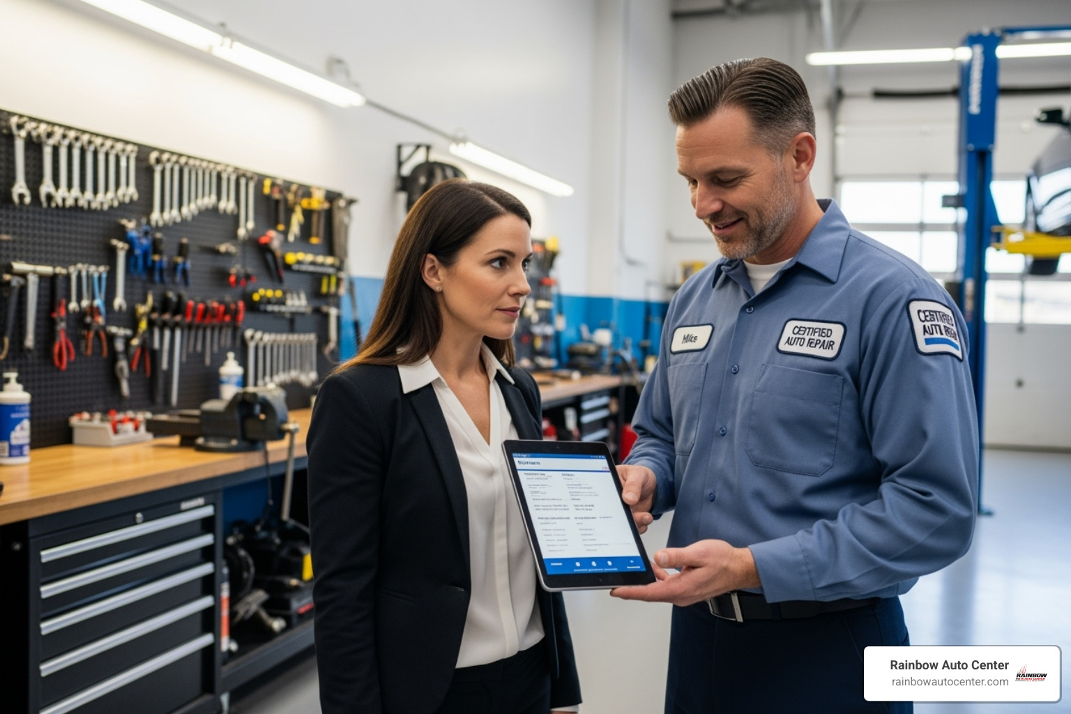 Certified technician providing a customer with a quote for auto repair services in a clean auto shop - dent removal