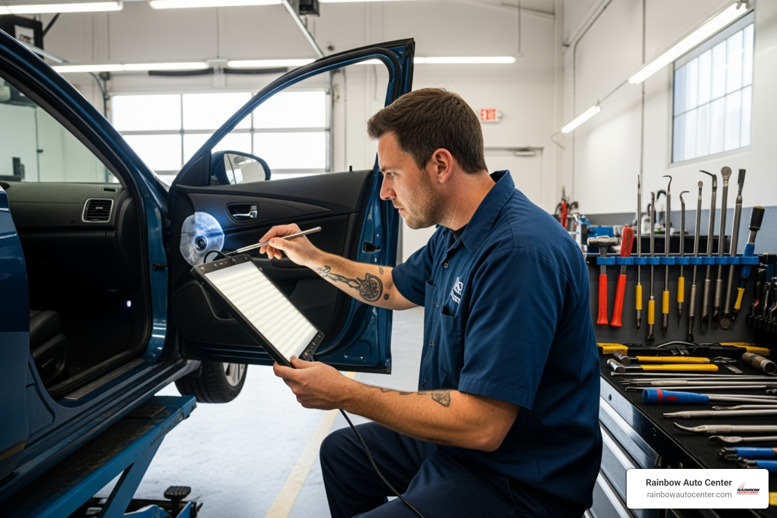PDR technician using specialized tools to work on a car door in a clean garage environment - dent removal