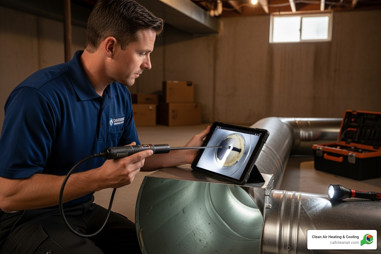 A professional HVAC technician in uniform inspecting ductwork with a camera, showing a clear image of the duct interior on a tablet screen - duct cleaning bellingham wa A professional HVAC technician in uniform inspecting ductwork with a camera, showing a clear image of the duct interior on a tablet screen - duct cleaning bellingham wa