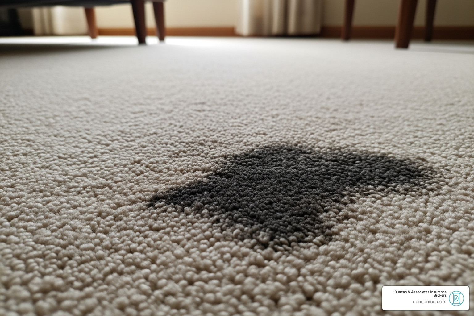 Worn carpet next to a large, permanent stain on a carpet - tenant damage coverage